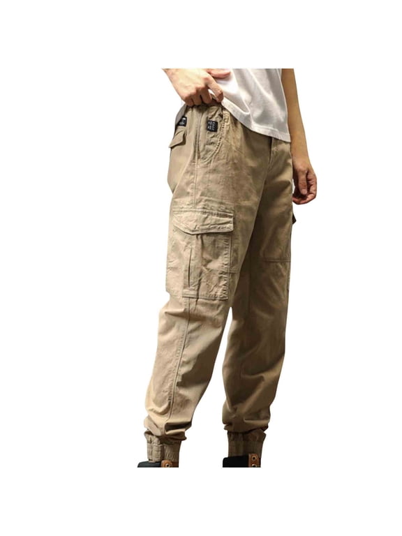 Men's Joggers, Lightweight Lounge Pants Men's Fashion Casual Solid Color Cargo Zipper Pockets Elastic Waist Full Length Pants Khaki,XL