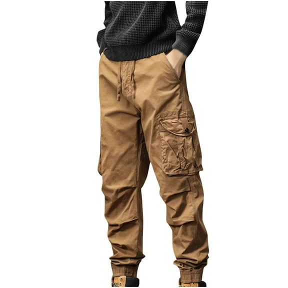 Ndbuld Men's Joggers, Lightweight Lounge Pants Men's Fashion Casual Solid Color Cargo Zipper Pockets Elastic Waist Full Length Pants Brown,2XL