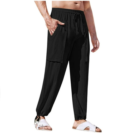 Ndbuld Men's Lightweight Hiking Casual Cargo Joggers Pants Men's Workwear Multi Pocket Plus Size Casual Pants Cotton And Linen Loose Drawstring Ankle Pants Black M