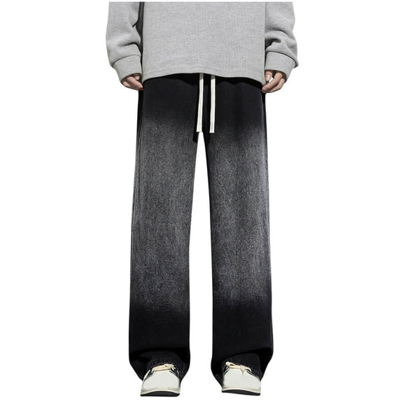 Ndbuld Men's Relaxed Fit Jeans Men's Fashion Casual Solid Color Cargo Zipper Pockets Elastic Waist Full Length Pants Evergreen,Black,2XL