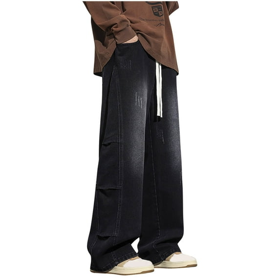 Ndbuld Men's Relaxed Fit Jeans Men's Fashion Casual Solid Color Cargo Zipper Pockets Elastic Waist Full Length Pants Evergreen,Black,3XL