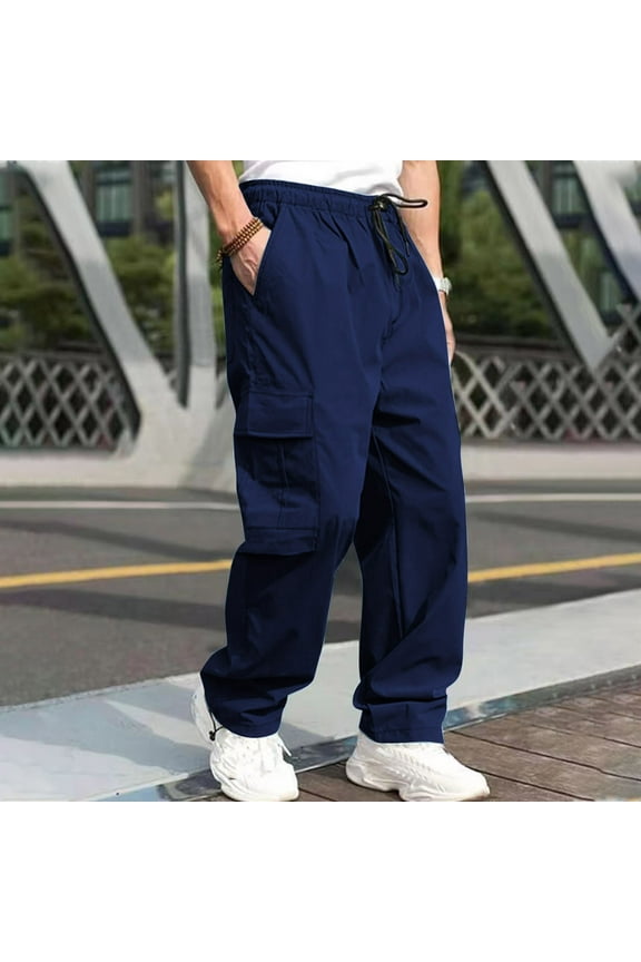 Men's Straight-Fit Casual Stretch Chino Pant Men Solid Fashion Casual Multiple Pockets Elastic Waist Long Pants Trousers Navy,2XL