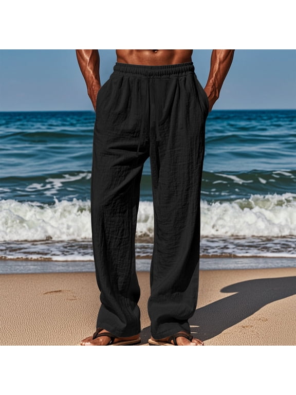 Men's Straight-Fit Casual Stretch Chino Pant Men's And Linen Elastic Waist Blended Breathable Comfortable Soft Beach Casual Trousers Full Length Pants Black,3XL