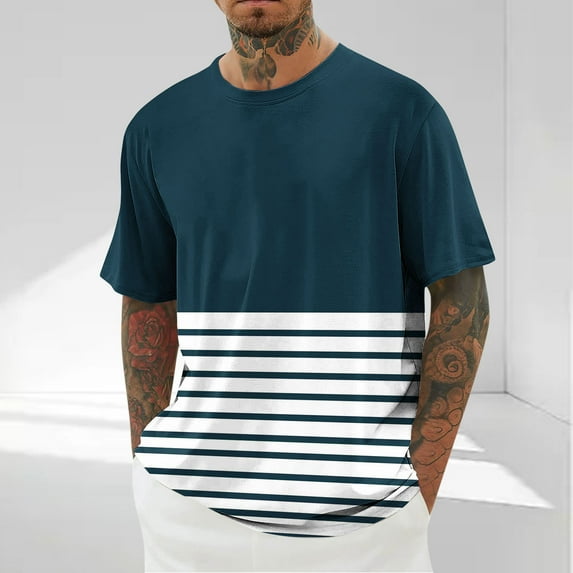 Men's T Shirt Short Sleeve Crew Neck T-Shirt Casual Summer Classic Basic Tee Shirts Men's Casual Short Sleeved Striped Printed Round Neck off Shoulder Top Navy,5XL