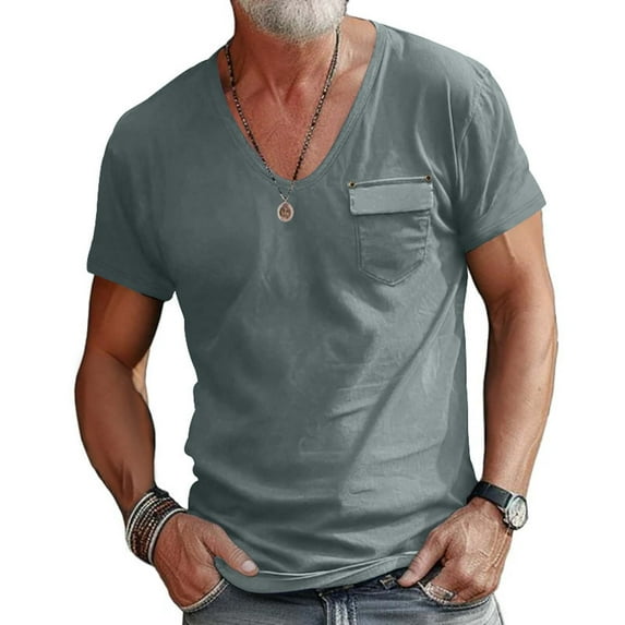 Ndbuld Men's T-Shirts Men Henley Shirts Casual Stylish Basic Short Sleeve Fashion T-Shirt Men's Solid Color Beach Gym Pocket Short Sleeve Round-Neck Blouses Shirts Summer Savings Evergreen Gray XL