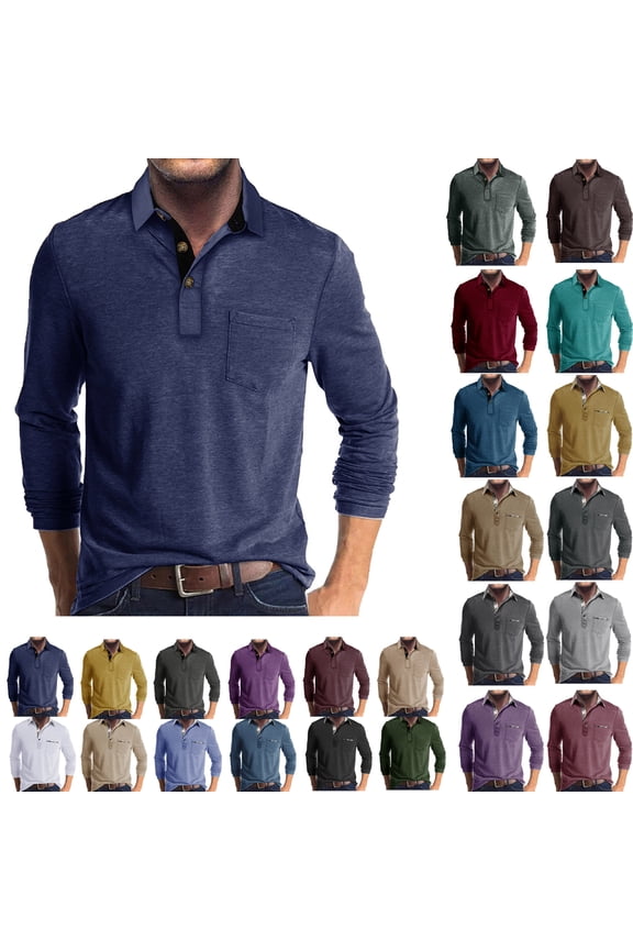 Men's Tops Long Sleeve Shirts Pocket Casual Solid Cotton Blend Drop Cut Collared Shirts,Fashion Shirts Long Sleeve Button Cotton T-Shirt with Pocket,Dark Blue,M