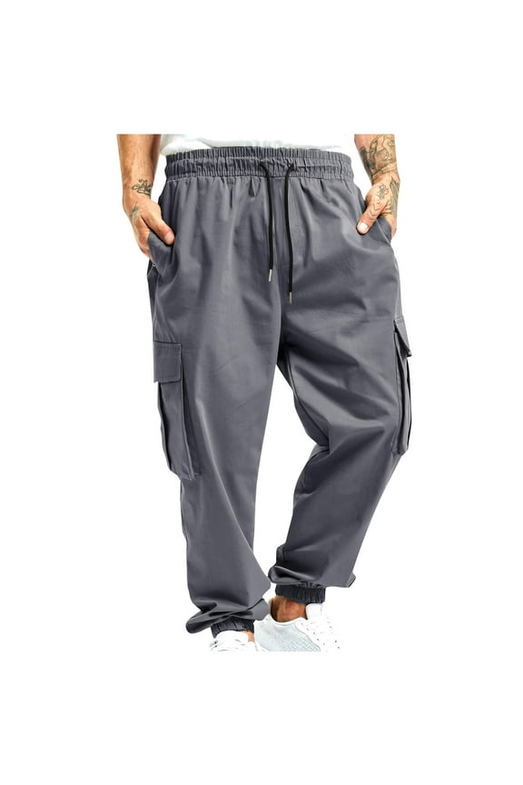 Mens Cargo Pants Athletic Pant Men Fashion Solid Casual Elastic Waist with Pocket Trousers Sport Pants Dark Gray L