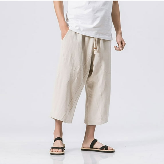 Ndbuld Mens Corduroy Joggers Pants Casual Cargo Pant New Oversized Harlan Pants for Men's Fashionable Linen Men's Cropped Pants Trendy Loose Cotton Linen Men's Pants Beige XL