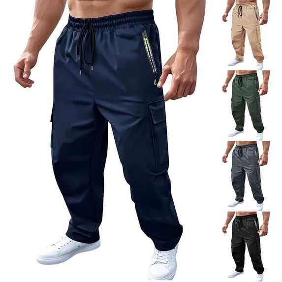 Ndbuld Mens Pants Athletic Casual Sport Pocket D Zipper Solid Color Elastic Waist Cargo Pants Khaki,L