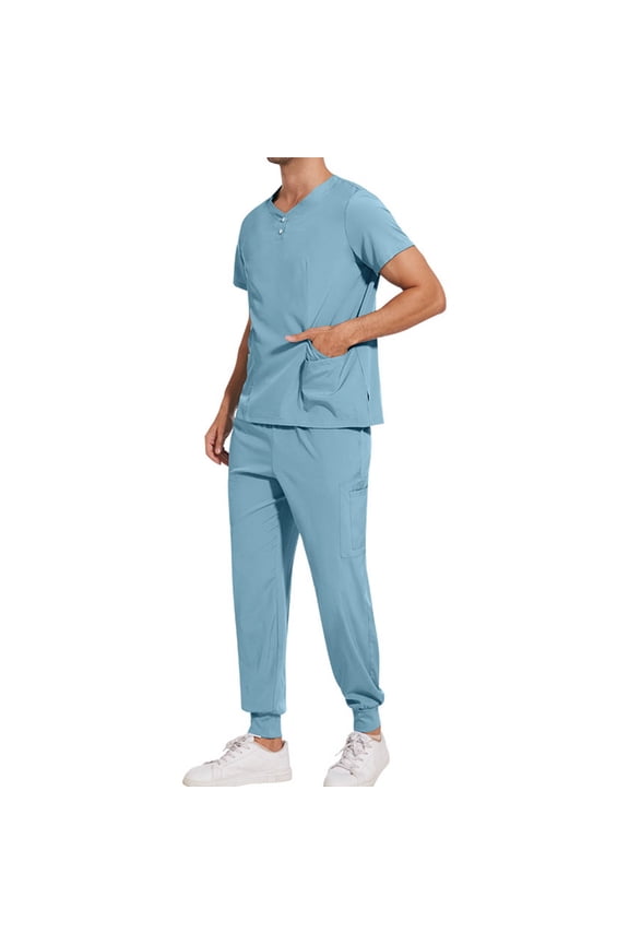 Mens Scrubs Set Man Solid-Color Pocket Drawstring Pants-drying Gown Protective-Suit Button Short Sleeve Round-Neck Shirts Sets ,Light Blue,M