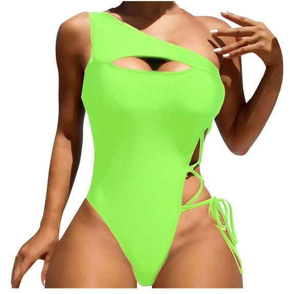 Ndbuld One Piece Swimsuit Women 2025 Ladies' Sexy Solid Color Split Shoulder No Steel Support Bikini Swimsuit Clearance & More Savings Mint Green M