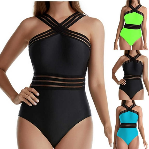Ndbuld One Piece Swimsuit Women Criss Cross Back Color Block Print Bathing Suits Athletic Modest Swimwear on Clearance Black XXL