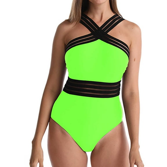 Ndbuld One Piece Swimsuit Women Criss Cross Back Color Block Print Bathing Suits Athletic Modest Swimwear on Clearance Green M