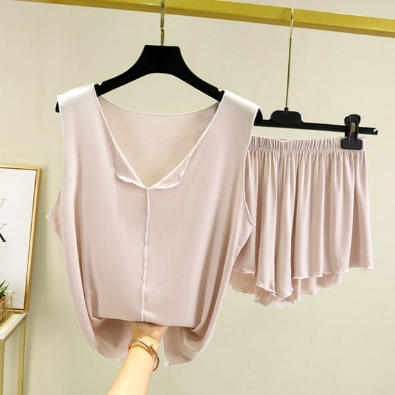 Ndbuld Pajama Set for Women Classic Loose Short Sleeve Pjs Set Women Fashion Plus Size V-neck Ruffled Shorts Home Service Suit Pajama Suit Summer Savings Beige 2XL