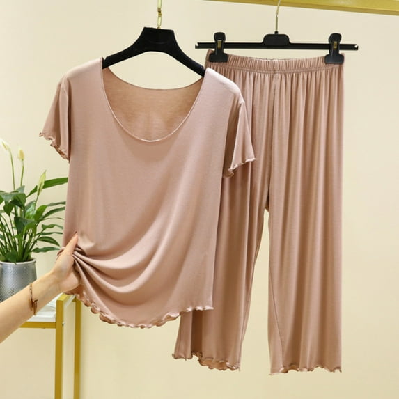 Ndbuld Pajamas Set Soft Pajama Sets Button Down Pjs Set Knit Sleepwear Lounge Sets with Long Pants Beige M