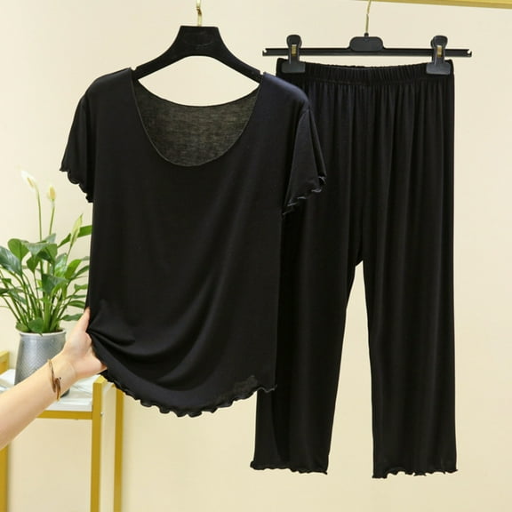 Ndbuld Pajamas Set Soft Pajama Sets Button Down Pjs Set Knit Sleepwear Lounge Sets with Long Pants Black XL