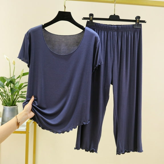 Ndbuld Pajamas Set Soft Pajama Sets Button Down Pjs Set Knit Sleepwear Lounge Sets with Long Pants Blue M