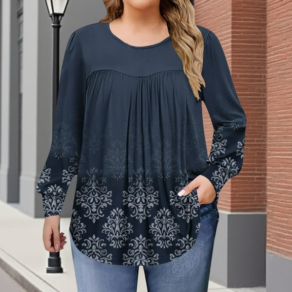 Ndbuld Plus Size Blouses for Women Pleated Blouses for Women Dressy Casual Long Sleeve Shirts Fall Tunic Tops Navy XL