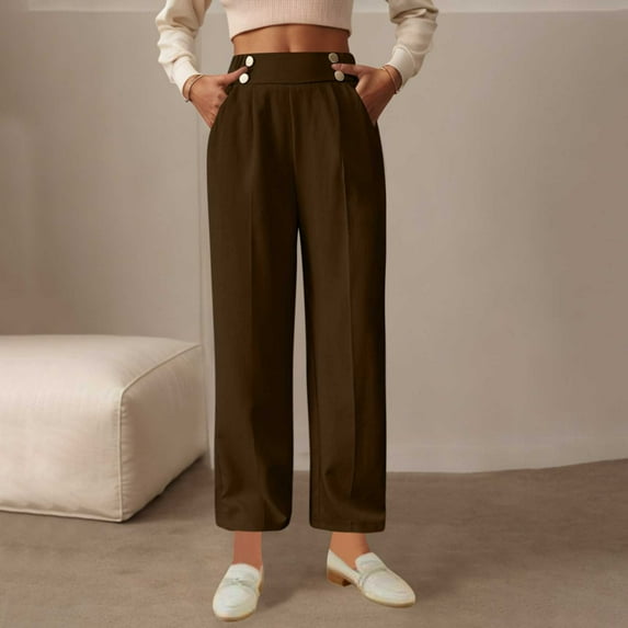 Ndbuld Plus Size Pants for Women Women's Pants Women Solid Color High Waisted Elastic Waist Work Casual Pants Brown 2XL