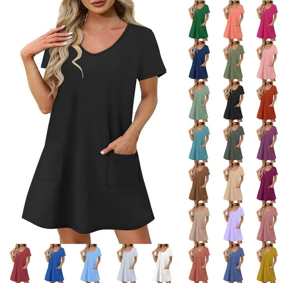 Ndbuld Plus Size Summer Dress for Women Womens Summer Short Sleeve Casual Dresses V-Neck Dress with Pockets Black 2XL
