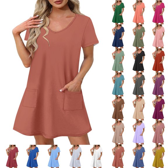 Ndbuld Plus Size Summer Dress for Women Womens Summer Short Sleeve Casual Dresses V-Neck Dress with Pockets Brown XL