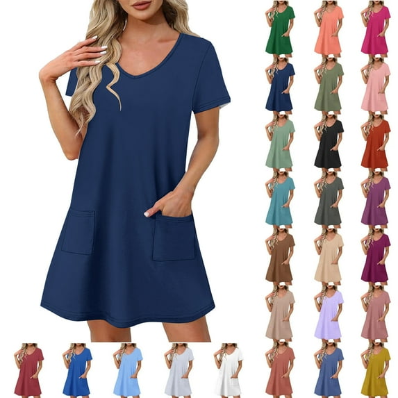 Ndbuld Plus Size Summer Dress for Women Womens Summer Short Sleeve Casual Dresses V-Neck Dress with Pockets Dark Blue M