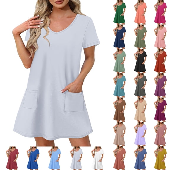 Ndbuld Plus Size Summer Dress for Women Womens Summer Short Sleeve Casual Dresses V-Neck Dress with Pockets Gray S