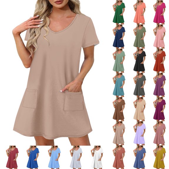 Ndbuld Plus Size Summer Dress for Women Womens Summer Short Sleeve Casual Dresses V-Neck Dress with Pockets Khaki M