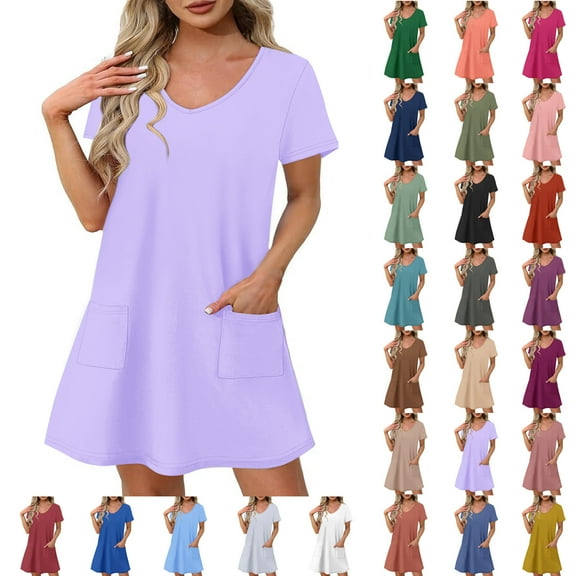 Ndbuld Plus Size Summer Dress for Women Womens Summer Short Sleeve Casual Dresses V-Neck Dress with Pockets Purple M