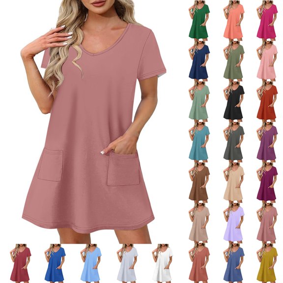 Ndbuld Plus Size Summer Dress for Women Womens Summer Short Sleeve Casual Dresses V-Neck Dress with Pockets Rose Gold S
