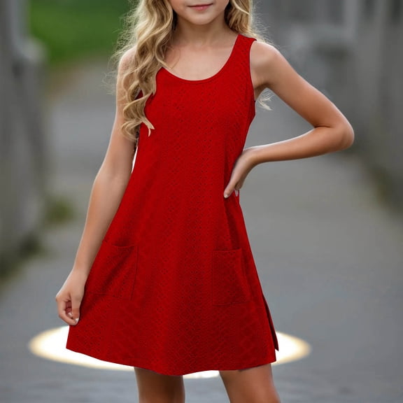Ndbuld Plus Size Summer Dresses for Women 2025 Toddler Kids Girls Cute Solid Color Stretchy Camisole Sleeveless Pocket Dress A Line Dress Clothes Under $5,11 Years,Red