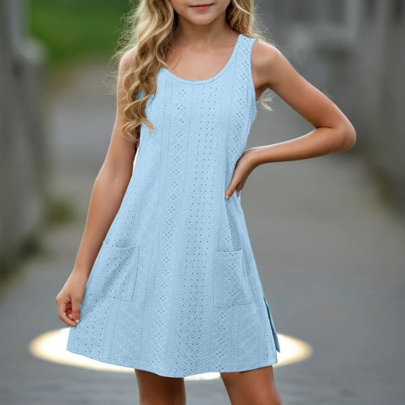 Ndbuld Plus Size Summer Dresses for Women 2025 Toddler Kids Girls Cute Solid Color Stretchy Camisole Sleeveless Pocket Dress A Line Dress Deal of The Week,5 Years,Blue