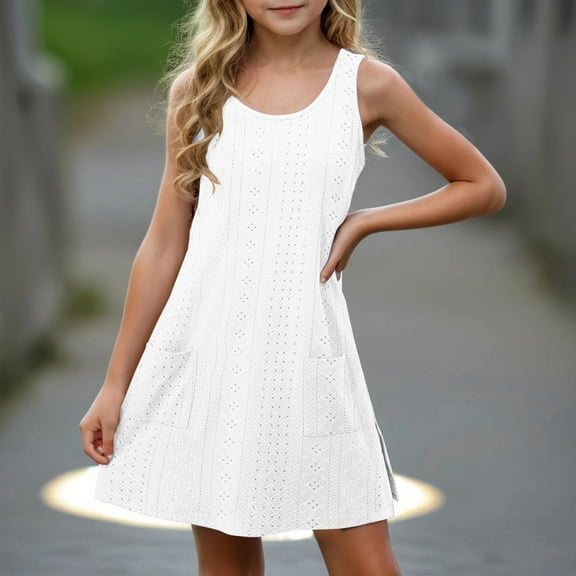 Ndbuld Plus Size Summer Dresses for Women 2025 Toddler Kids Girls Cute Solid Color Stretchy Camisole Sleeveless Pocket Dress A Line Dress Deal of The Week,5 Years,White