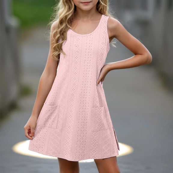 Ndbuld Plus Size Summer Dresses for Women 2025 Toddler Kids Girls Cute Solid Color Stretchy Camisole Sleeveless Pocket Dress A Line Dress Deal of The Week,5 Years,Pink