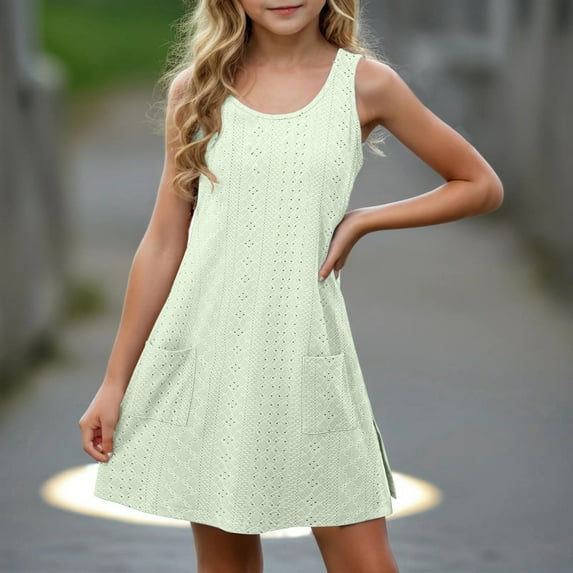 Ndbuld Plus Size Summer Dresses for Women 2025 Toddler Kids Girls Cute Solid Color Stretchy Camisole Sleeveless Pocket Dress A Line Dress Deals of The Day Lightning Deals,11 Years,Green