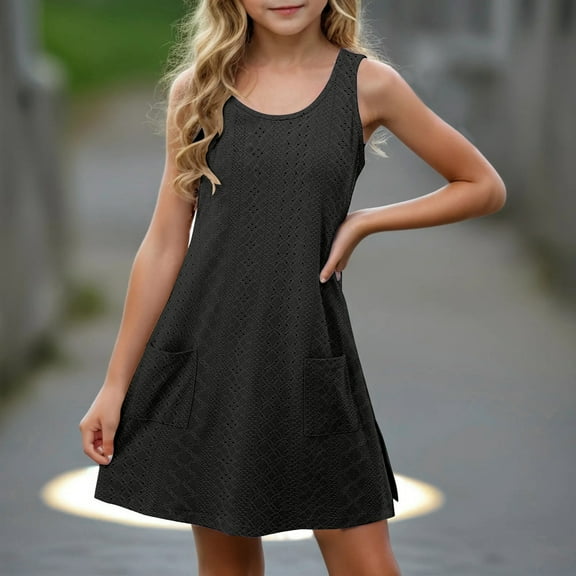 Ndbuld Plus Size Summer Dresses for Women 2025 Toddler Kids Girls Cute Solid Color Stretchy Camisole Sleeveless Pocket Dress A Line Dress Holiday Gift Finder,9 Years,Black