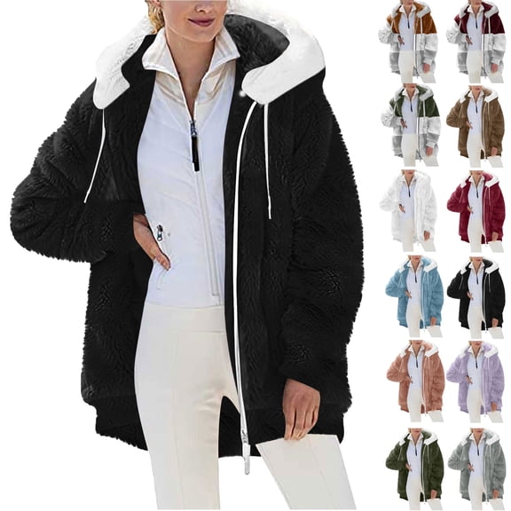 Ndbuld Plus Size Winter Coats for Women, Women Plus Size Winter Warm Loose Plush Zip Hooded Jacket Coat Shacket Jacket for Fall, Winter Gift for Women Black S