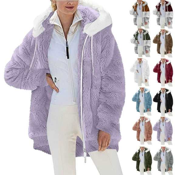 Ndbuld Plus Size Winter Coats for Women, Women Plus Size Winter Warm Loose Plush Zip Hooded Jacket Coat Shacket Jacket for Fall, Winter Gift for Women Blue S