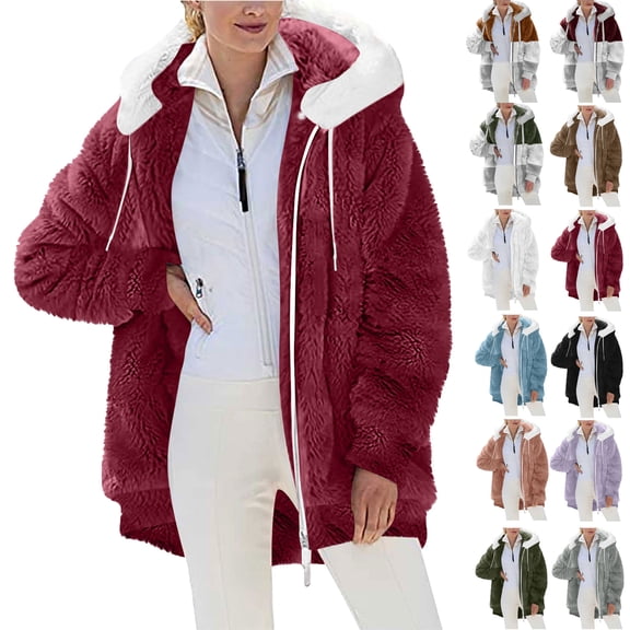 Ndbuld Plus Size Winter Coats for Women, Women Plus Size Winter Warm Loose Plush Zip Hooded Jacket Coat Shacket Jacket for Fall, Winter Gift for Women Wine XL