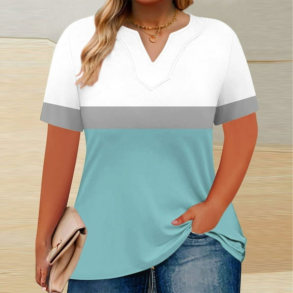 Ndbuld Plus Size Womens Tops Womens Puff Short Sleeve Top Women's V-neck Printed Oversized Short SleevesT-shirt Top Sky Blue L