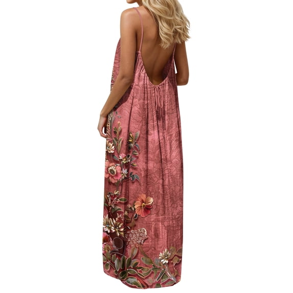 Ndbuld Royal Blue Dresses for Women Fashion Women Summer Round-Neck Casual Printed Sleeveless Sleepshirts Sling Backless Dress Wine Xxl