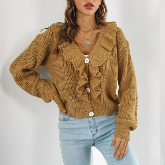 Ndbuld Cardigan Sweaters for Women Fashion Fall Winter Knitted Loose Solid Color Blouse Cardigan V-Neck Sweater,Yellow,M