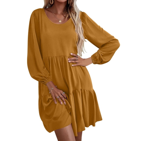 Ndbuld Savings Up to 30% off Dress for Women Plus Size Casual Loose Beach Dresses Women's Casual Solid Color Round Neck Dress,Gold,L