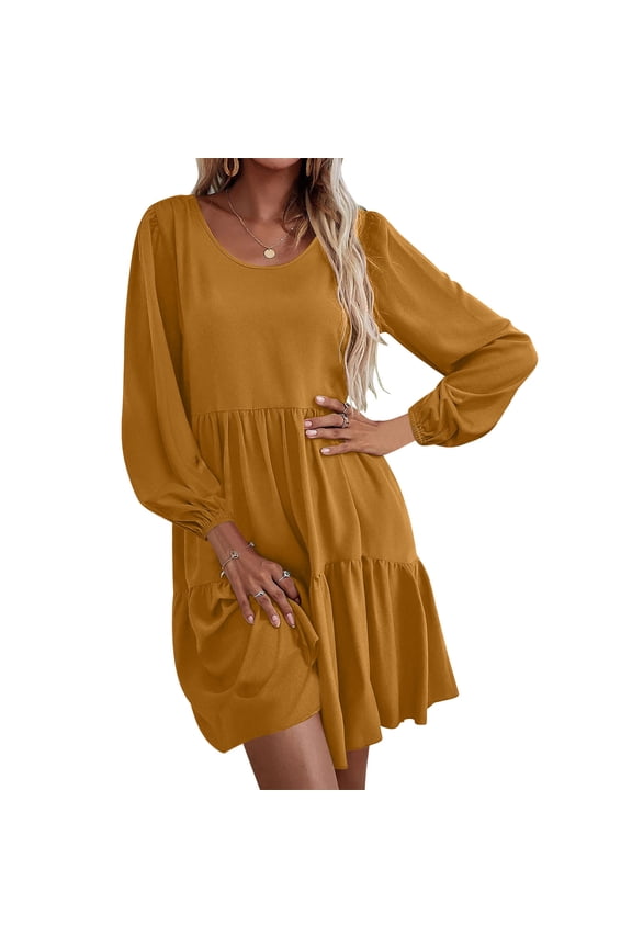 Dress for Women Plus Size Casual Loose Beach Dresses Women's Casual Solid Color Round Neck Dress,Gold,M