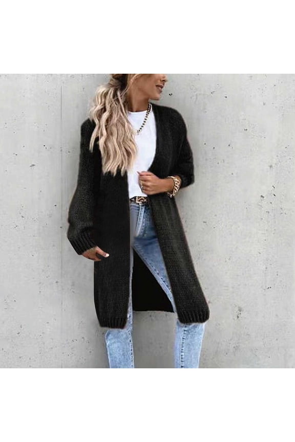 Long Cardigans for Women Fashion Winter Solid Color Casual Long Sleeve Long Sweater Coat Cardigan Blouse Tops,Black,M