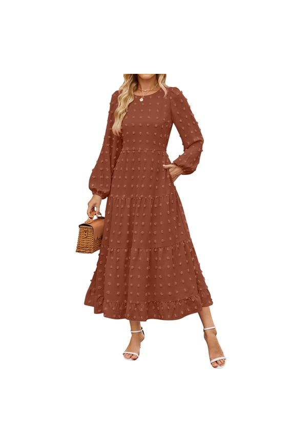 Long Sleeve Maxi Dress for Women Women's Elegant Casual Long Sleeve Round Neck Dress,Brown,M