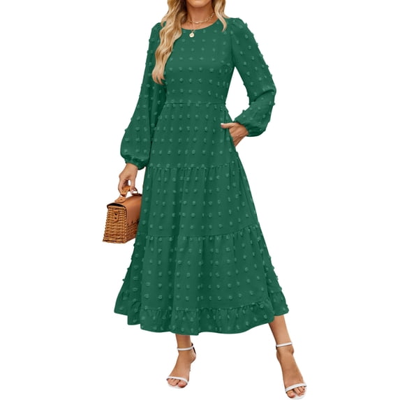 Ndbuld Long Sleeve Maxi Dress for Women Women's Elegant Casual Long Sleeve Round Neck Dress,Green,L