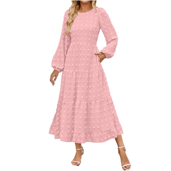 Ndbuld Long Sleeve Maxi Dress for Women Women's Elegant Casual Long Sleeve Round Neck Dress,Pink,M