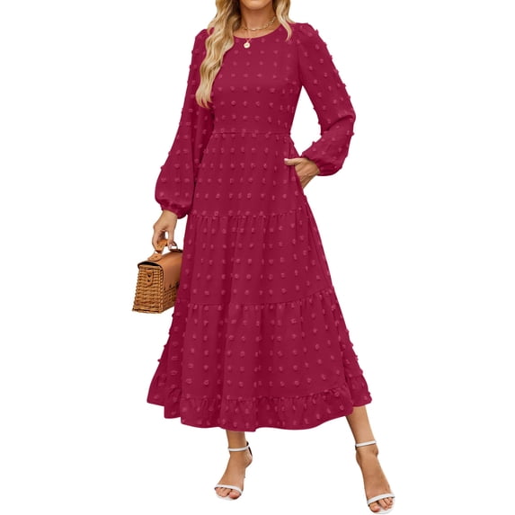 Ndbuld Long Sleeve Maxi Dress for Women Women's Elegant Casual Long Sleeve Round Neck Dress,Wine,S