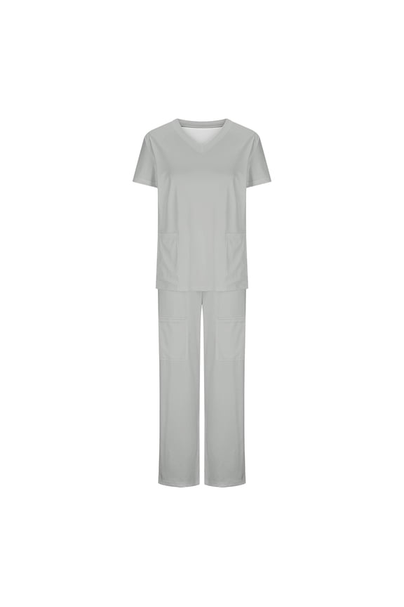Scrub Set for Women V-Neck Scrub Top & Jogger Pants Spring And Summer Solid Woman Short Sleeve V-Neck T Shirts Top And Long Pants Working Set Suit Clearance Under 10,Gray,L